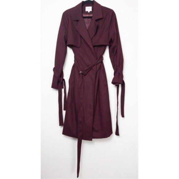 NEW J.O.A Belted Trench Coat S Burgundy Maroon Tie Cuff Double Breasted Utility - Picture 4 of 12